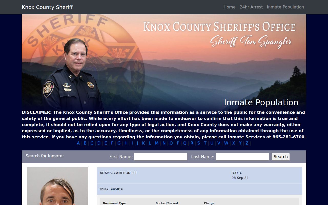 Farragut resident lookup view of the Knox County inmate roster fields