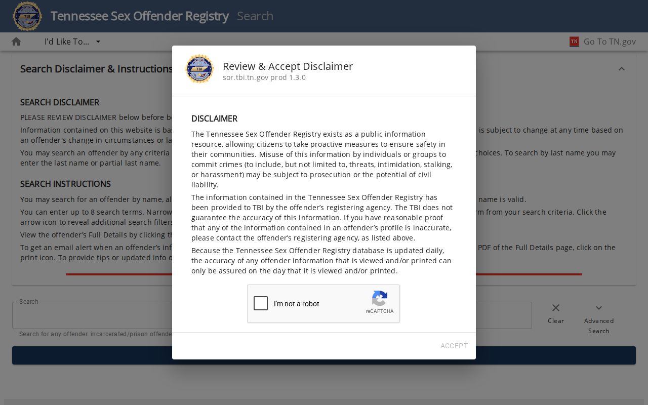 Farragut resident lookup view of Tennessee TBI registry search fields