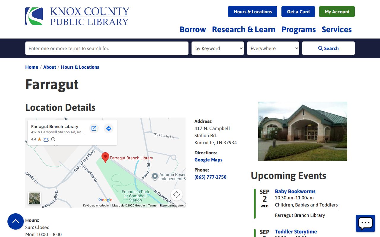 Farragut ZIP code directory reference to the Farragut Branch Library service page